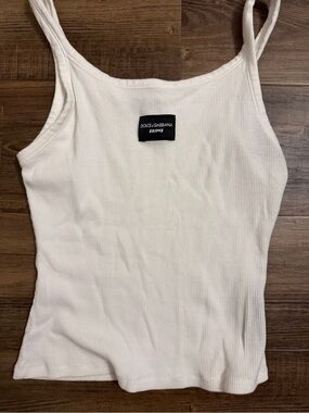 Dolce & Gabbana Cream Ribbed Slim Tank Top with Logo Patch